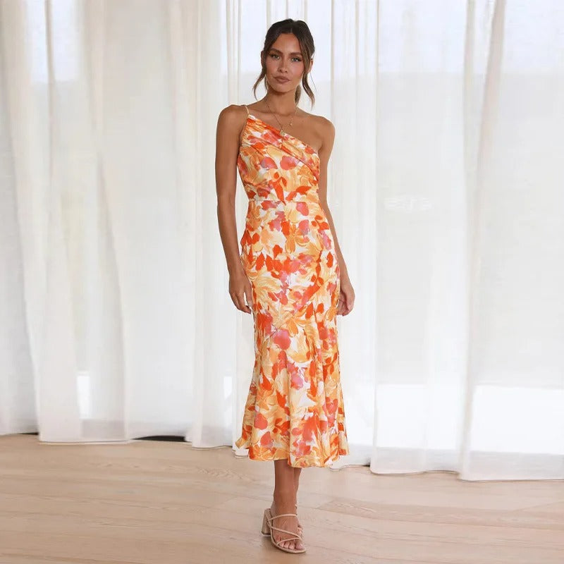 Floral Print One Shoulder Ruched Satin Mermaid Midi Dress 6