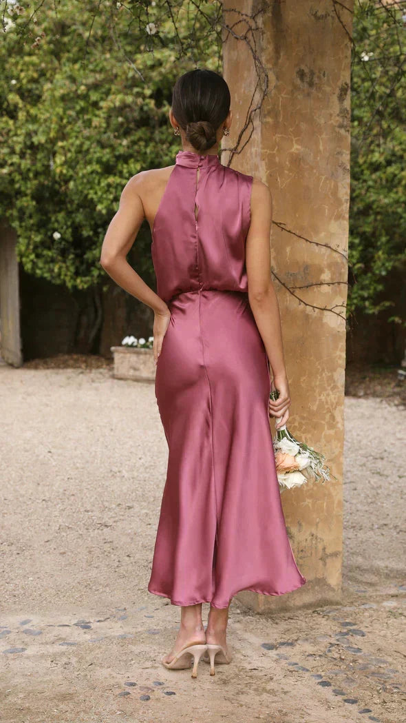 Satin Halter Neck Cowl Draped Blouson Midi Dress - View 5