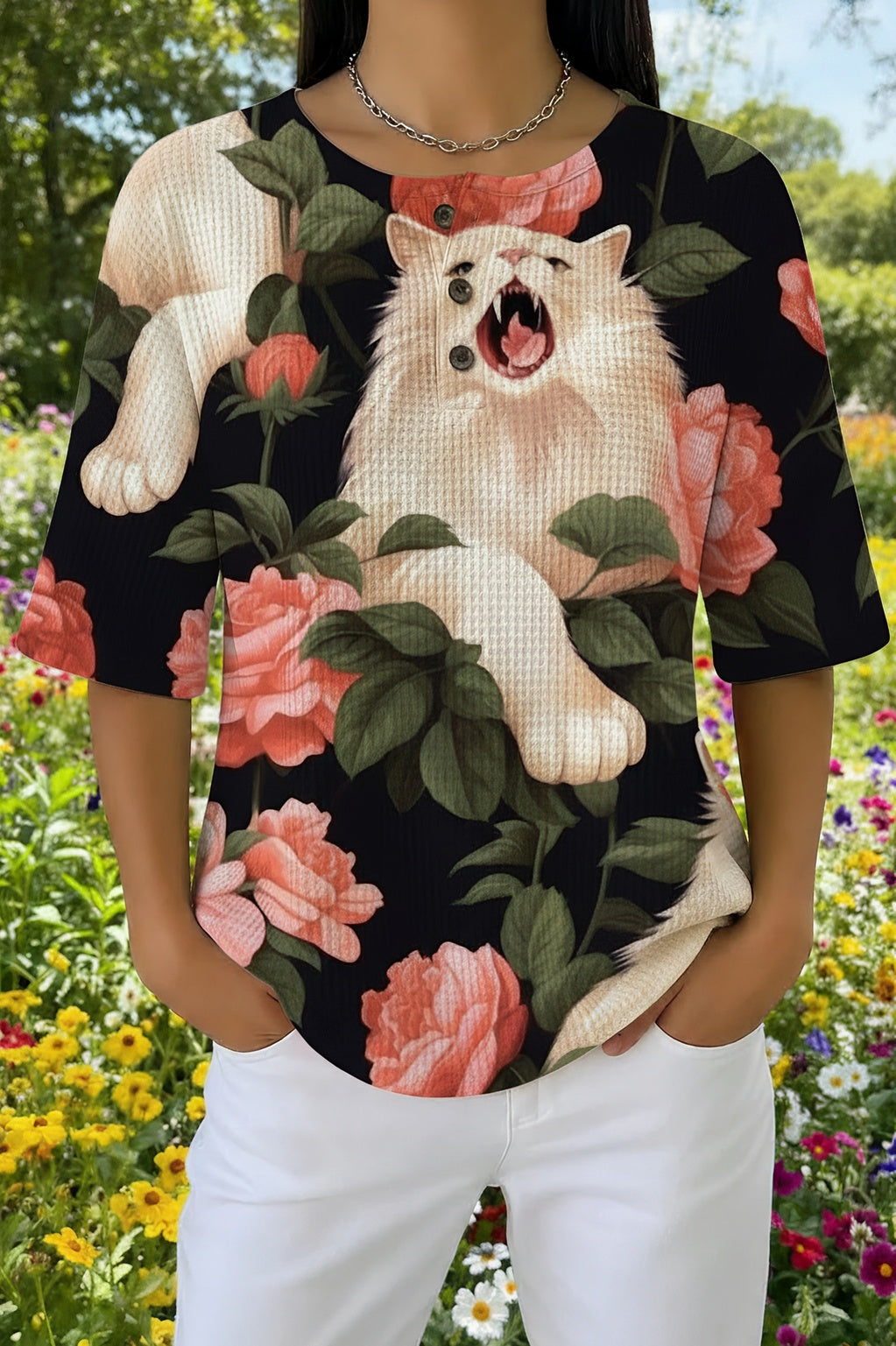 Rose Floral Cat Print Button Placket Waffle Knit Top