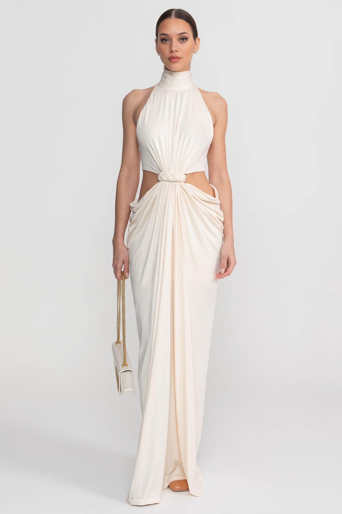 Halter Neck Cut Out Knotted Waist Draped Ruched Maxi Gown