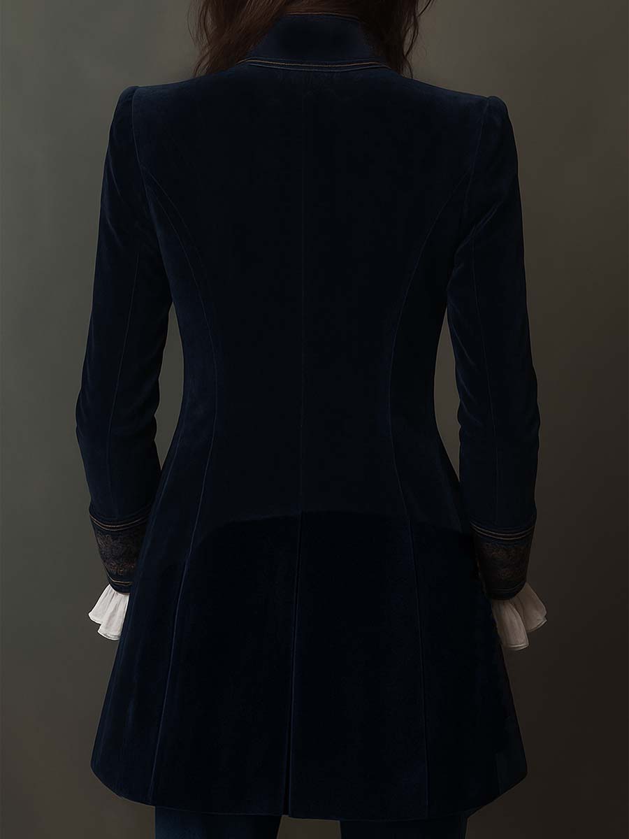 Embroidered Velvet Stand Collar Longline Jacket 9