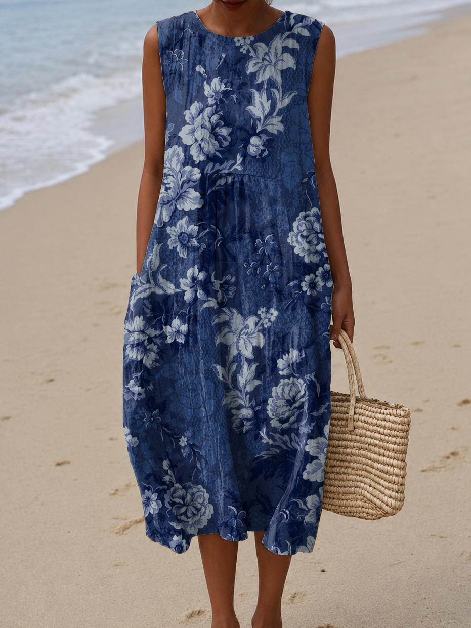 Floral Print Round Neck Sleeveless Beach Midi Dress 2