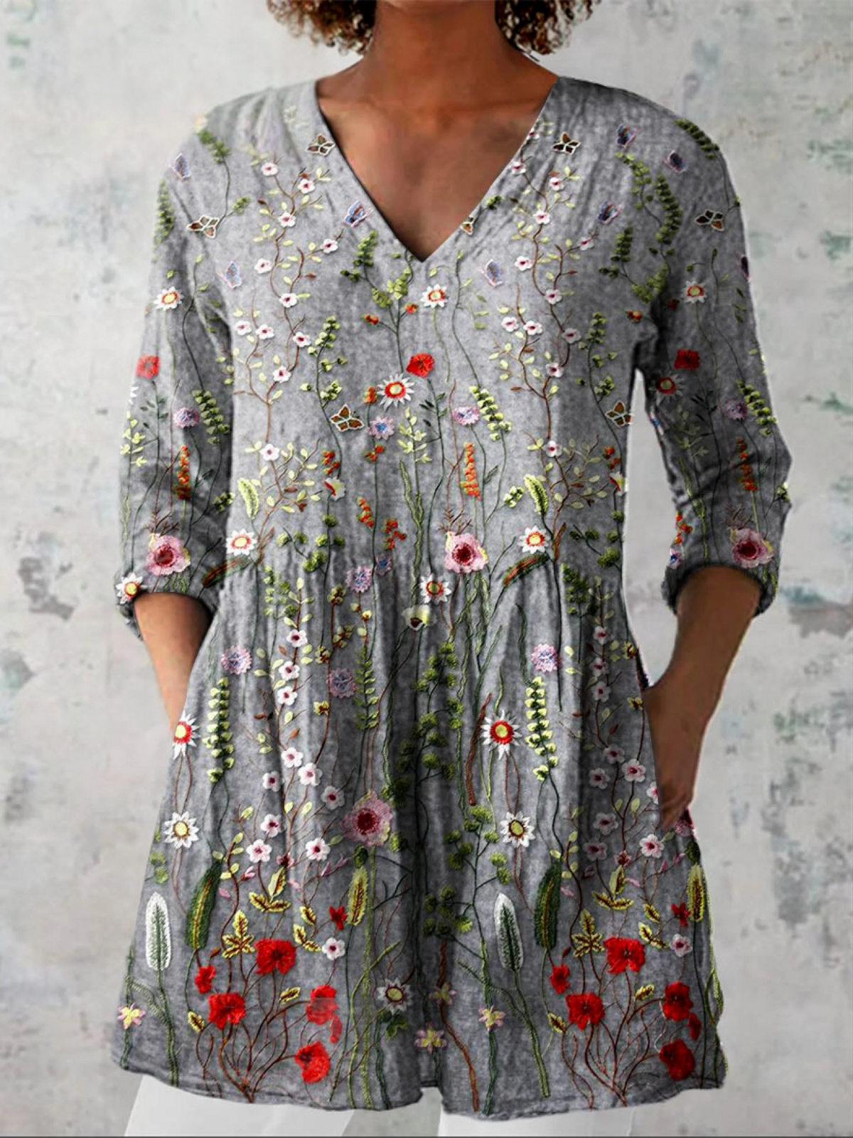 Floral Print V-Neck Long Sleeve Pocket Peplum Tunic Blouse