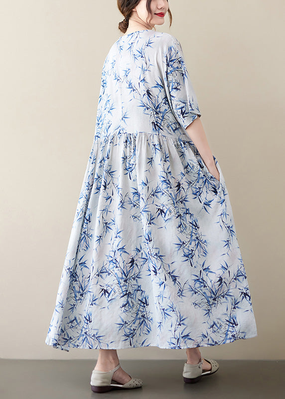 Bamboo Leaf Print Round Neck Empire Waist Pocket A-Line Midi Dress - View 4