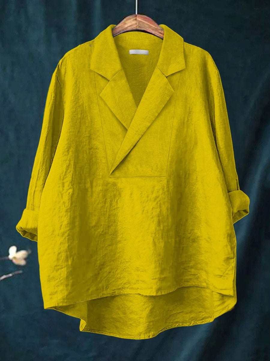 Notch Lapel V-Neck Long Sleeve Linen Look Blouse 6
