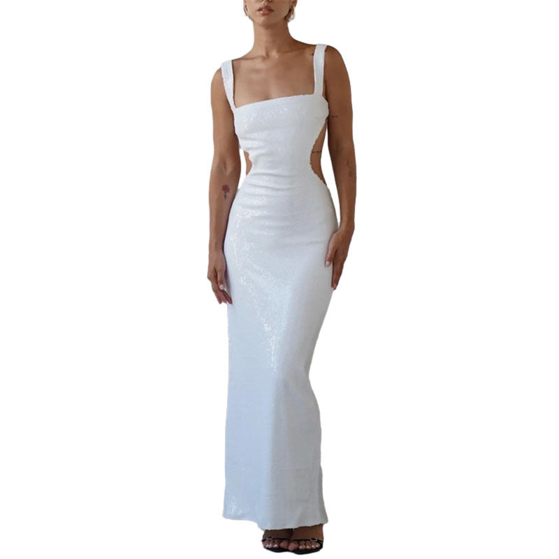Sequin Square Neck Cut Out Backless Mermaid Maxi Dress - View 3