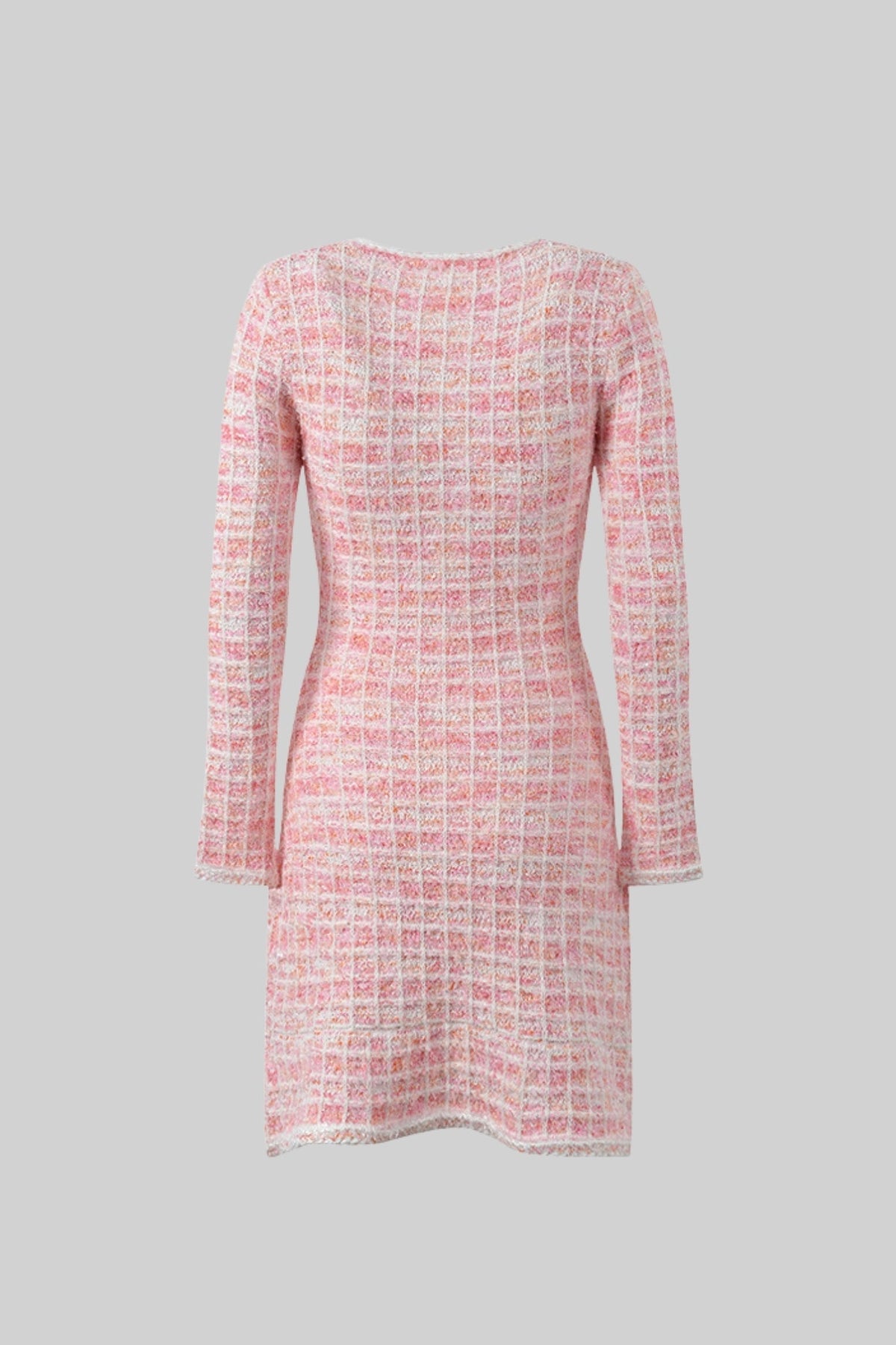 Tweed Long Sleeve Mini Dress Jewel Button Patch Pocket Braided Trim - View 2