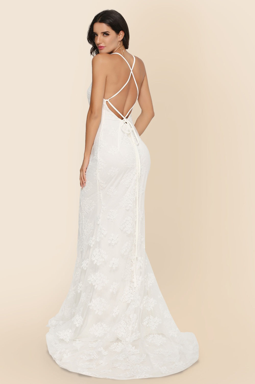 Lace V-Neck Spaghetti Strap Backless Mermaid Gown - View 5