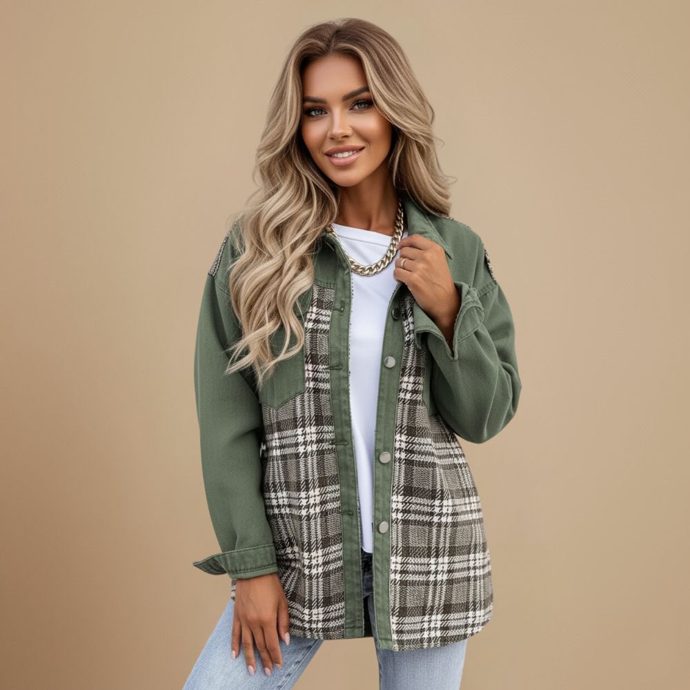 Plaid Patchwork Denim Button Front Shacket 12