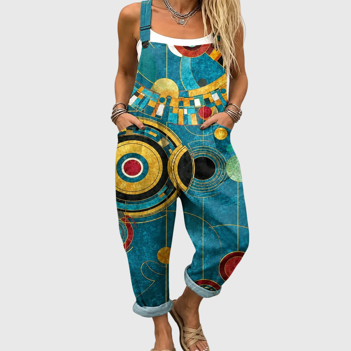 Geometric Print Overall Wide Leg Jumpsuit