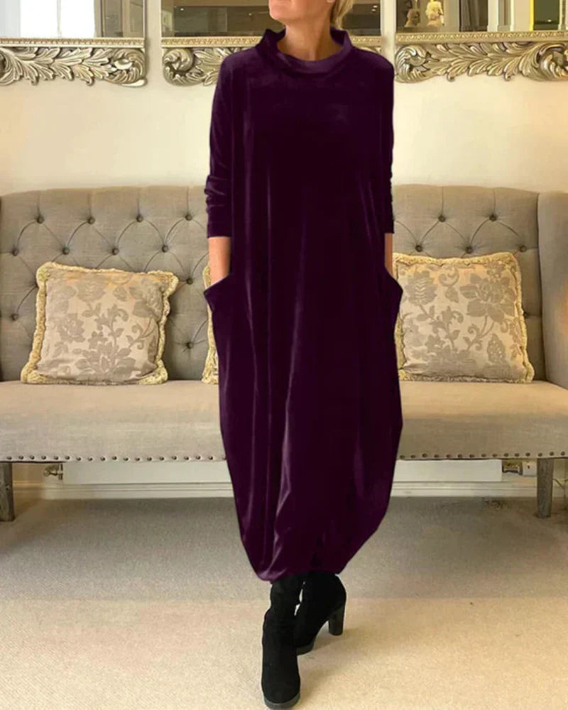 Velvet Cowl Neck Long Sleeve Pocket Oversized Maxi Dress 2