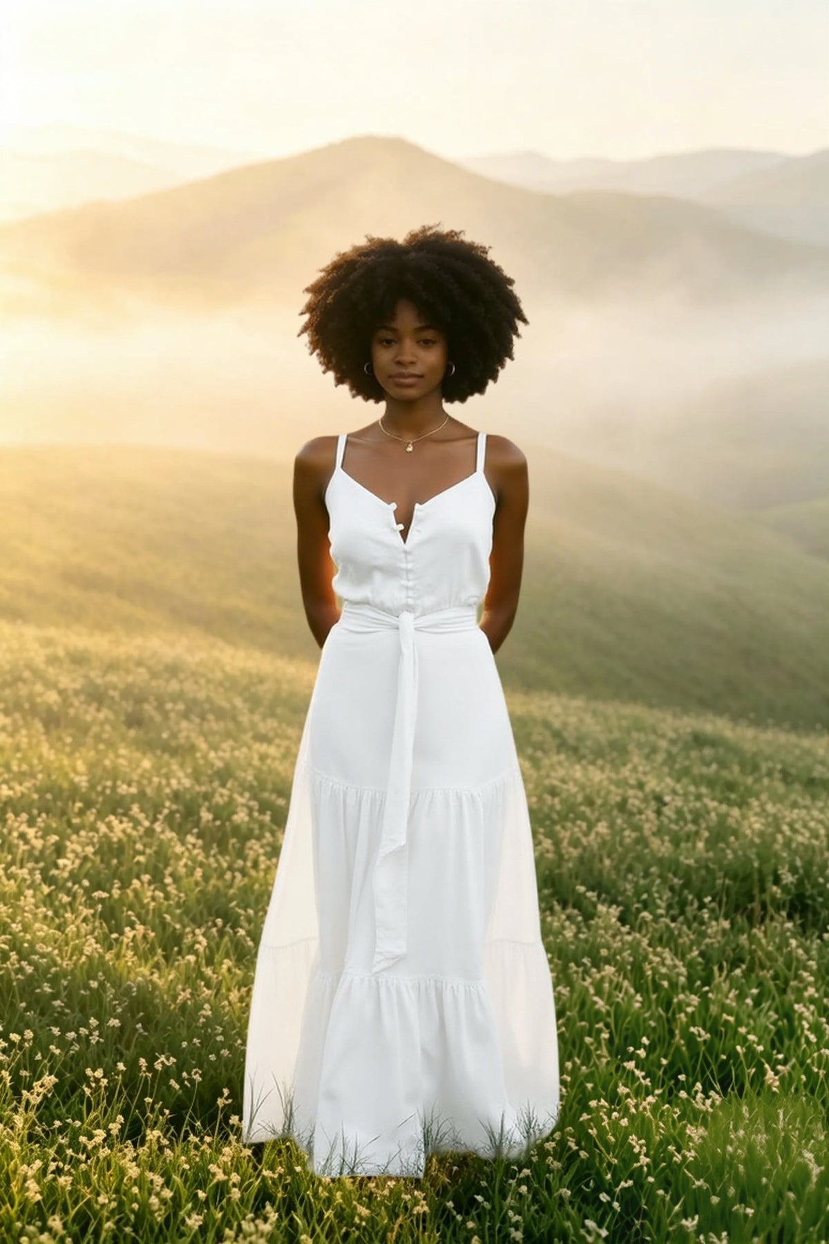 V Neck Tunic Ruffles Maxi Dress