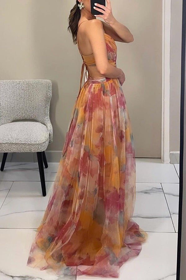 Floral Print Tulle V-Neck Spaghetti Strap High Split Maxi Gown 5