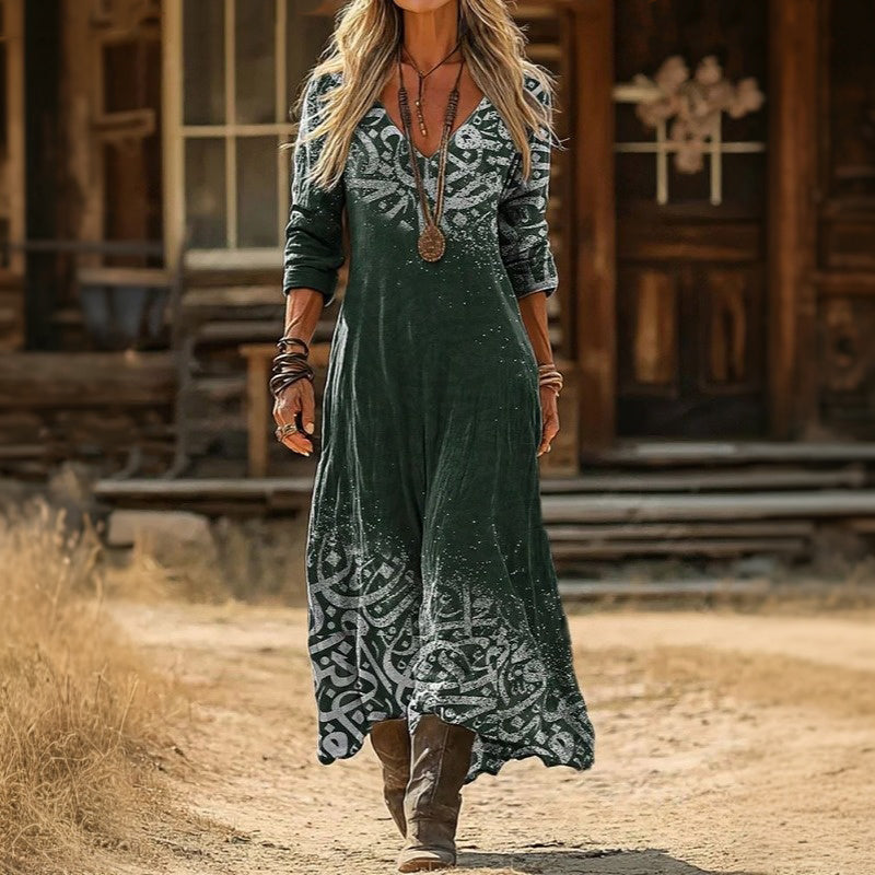 Bohemian Print V-Neck Long Sleeve Split Maxi Dress