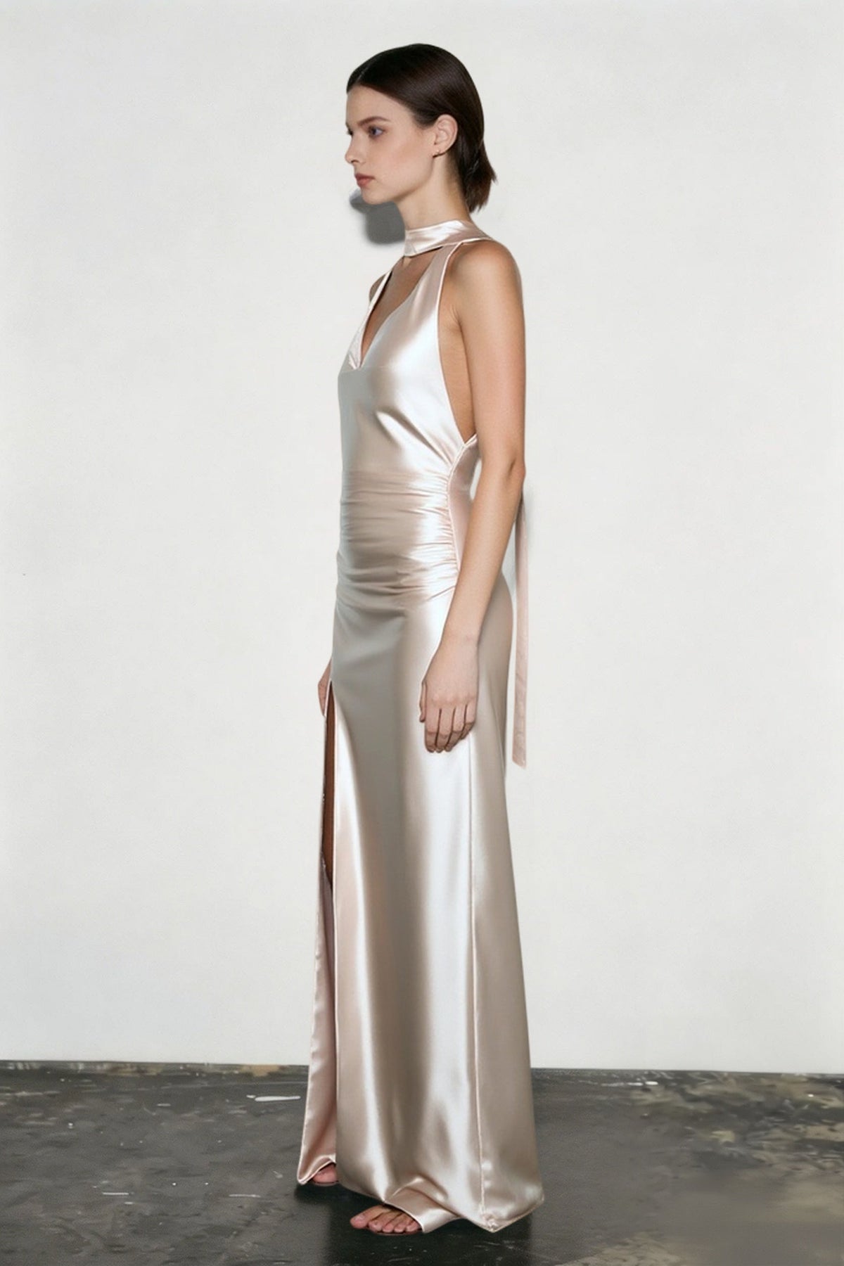 Satin Halter Neck Deep V-Neck High Split Ruched Maxi Dress - View 3