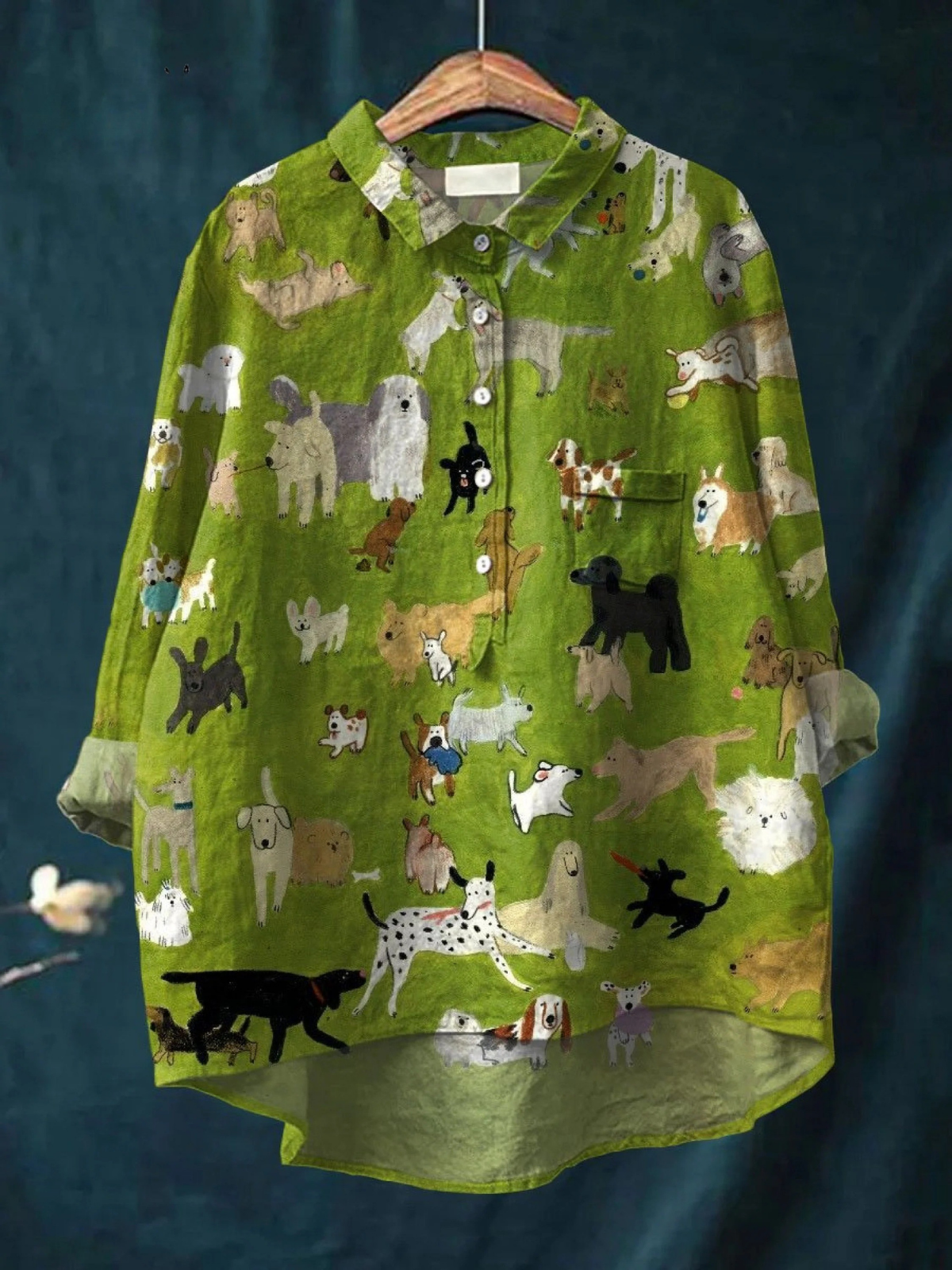 Dog Print Button Front Collared Oversized Shirt