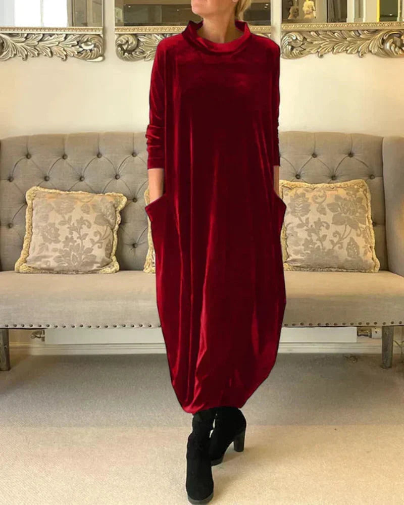 Velvet Cowl Neck Long Sleeve Pocket Oversized Maxi Dress 3
