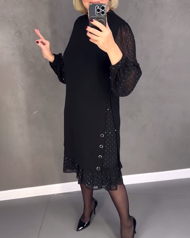 Round Neck Sheer Dot Sleeve Ruffle Hem Shift Midi Dress 5