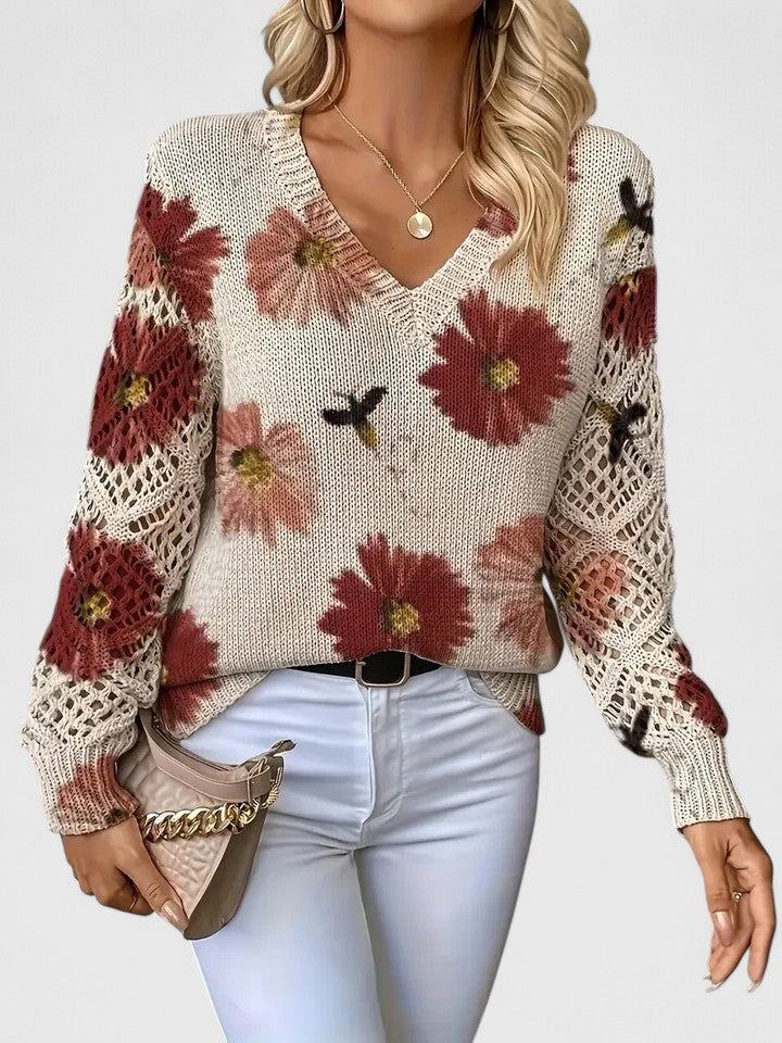 V-Neck Crochet Lace Sleeve Floral Print Long Sleeve Knit Sweater 4