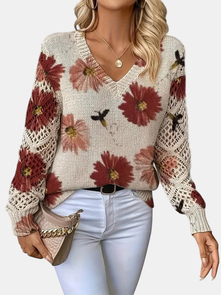 Floral Print V-Neck Crochet Sleeve Knit Sweater 2