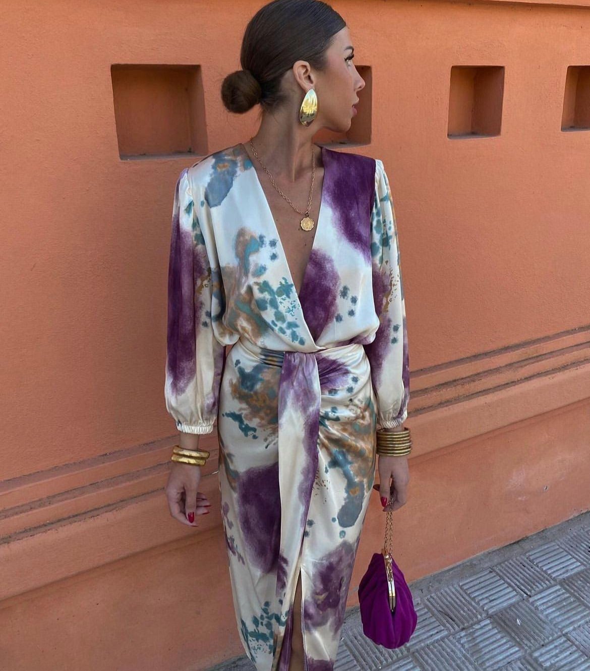Floral Print V-Neck Long Sleeve Wrap Midi Dress 2
