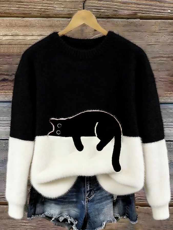 Cat Print Colorblock Crew Neck Fuzzy Sweater 5