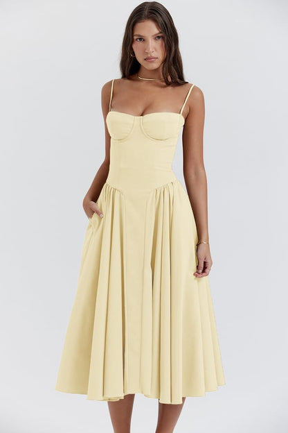 Spaghetti Strap Corset Bodice Pleated Fit and Flare Midi Dress - View 3