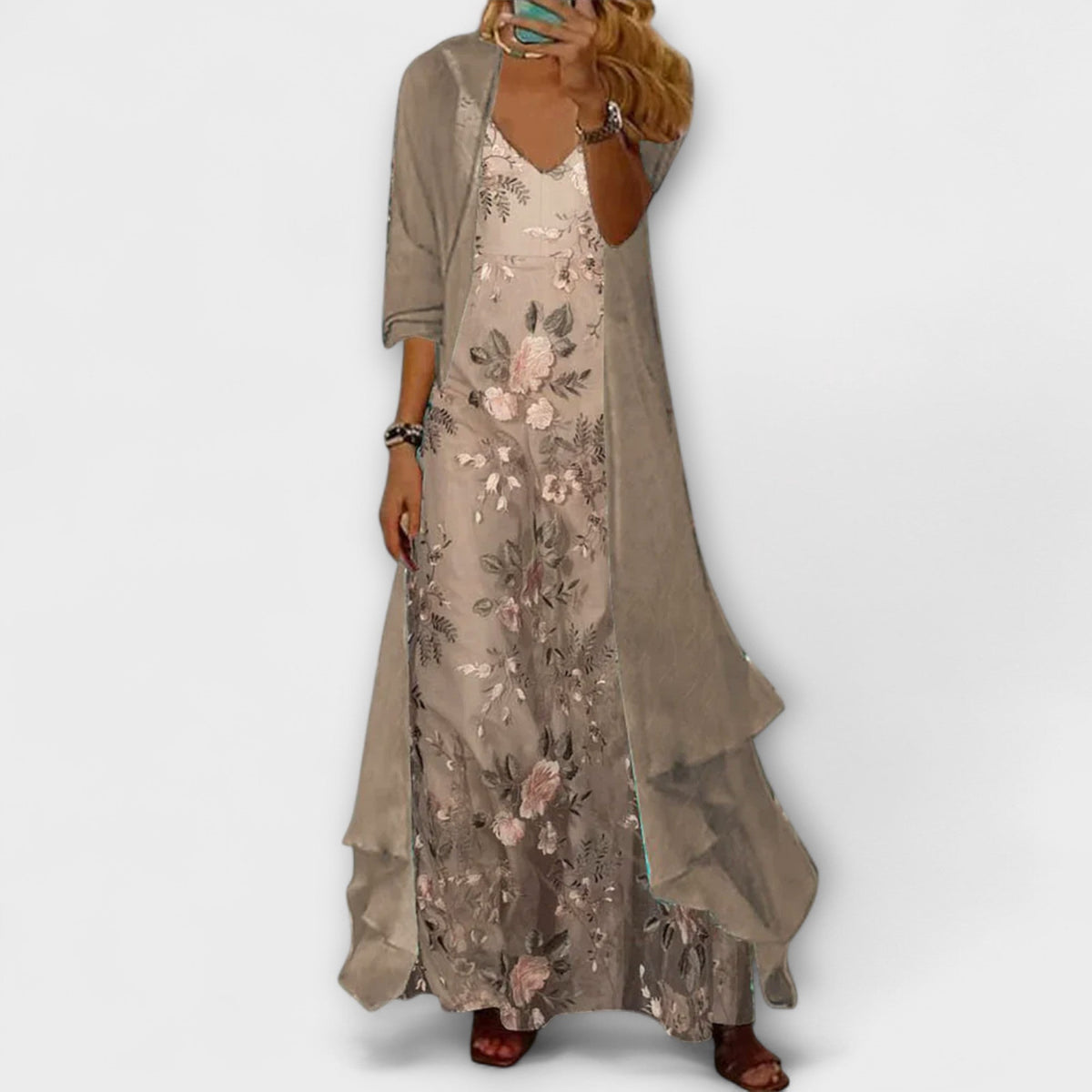 Floral Embroidered Slip Maxi Dress and Sheer Duster Two Piece Set 2