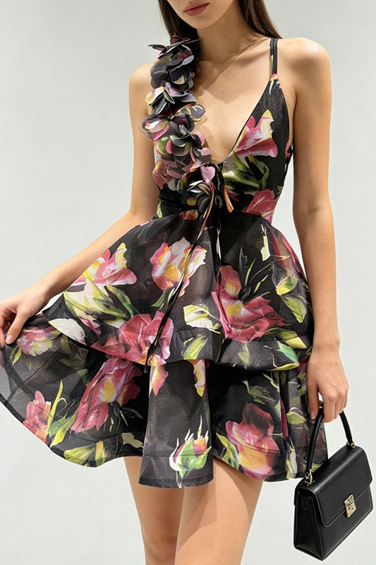 Floral Deep V-Neck Spaghetti Strap Tiered Ruffle Corset Mini Dress - View 2