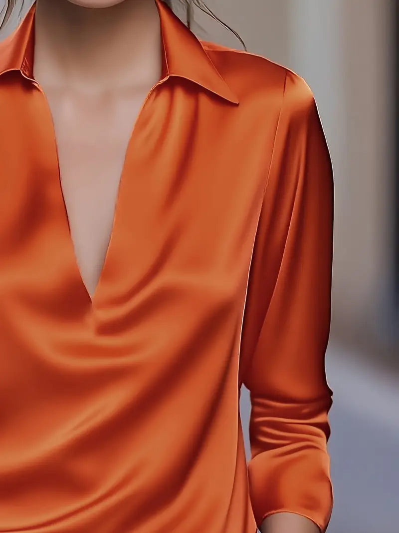 Collared Deep V-Neck Long Sleeve Satin Blouse 24