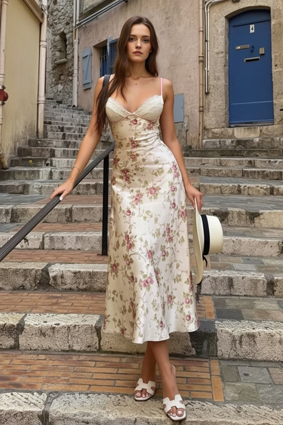 Floral Satin Lace Trim V-Neck Bias Cut Slip Midi Dress