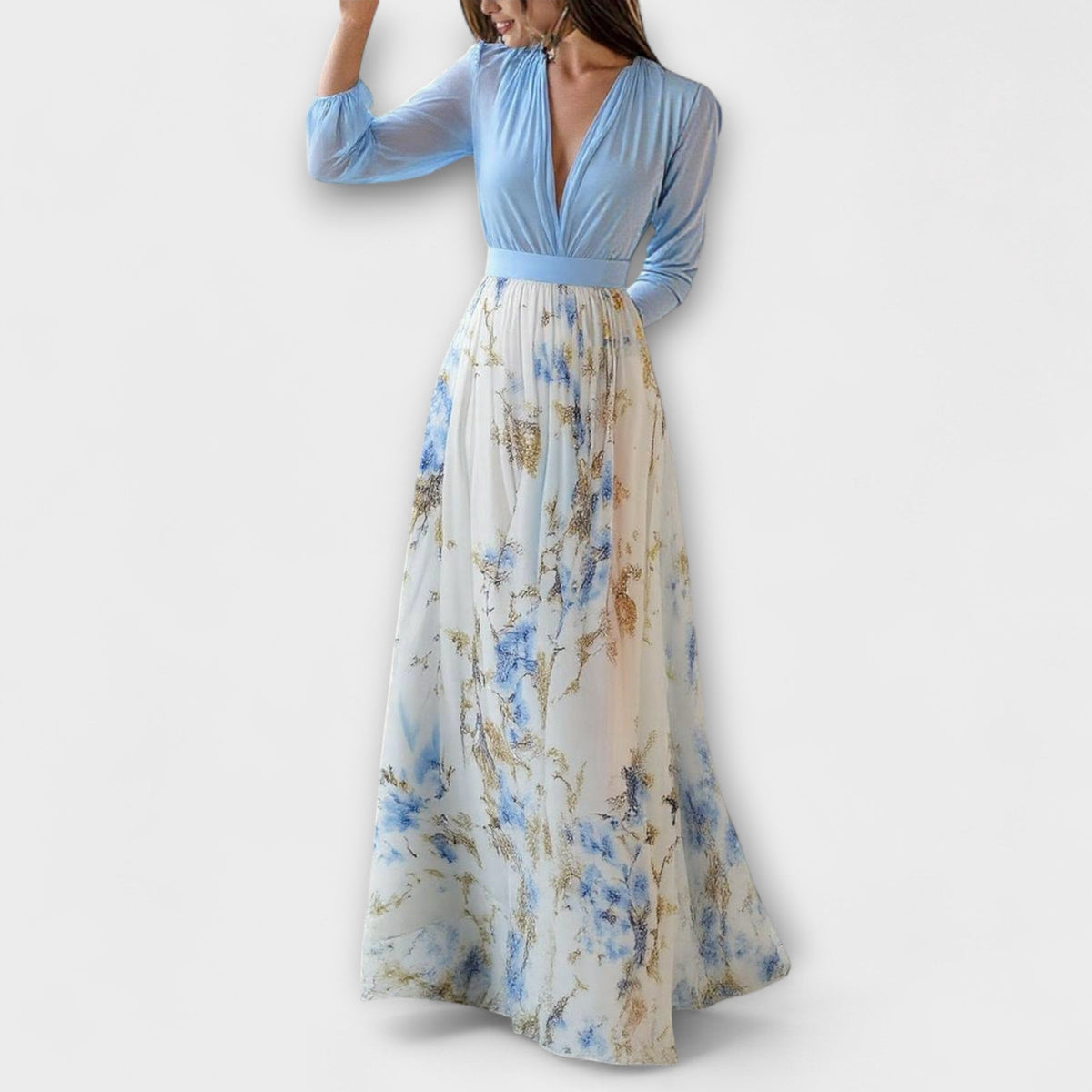 Deep V-Neck Long Sleeve Floral Skirt Maxi Gown 3