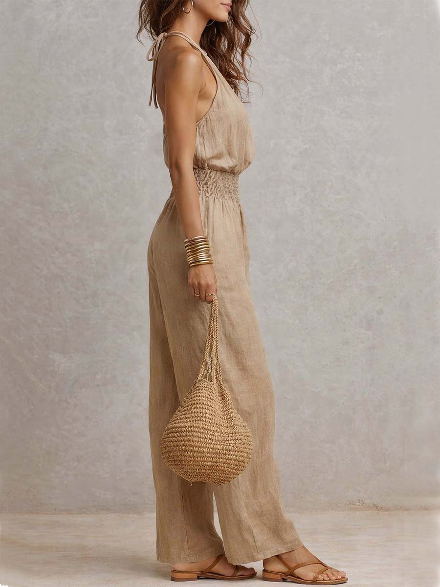 Halter Neck Smocked Waist Wide Leg Jumpsuit 7