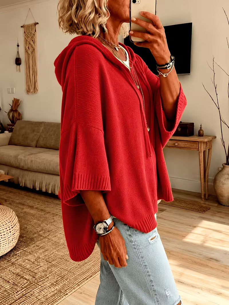 Hooded Drawstring Oversized Knit Poncho Sweater 13
