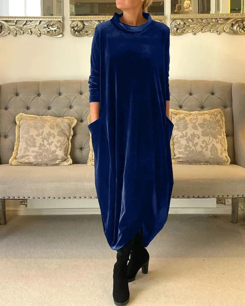 Velvet Cowl Neck Long Sleeve Pocket Oversized Maxi Dress 4