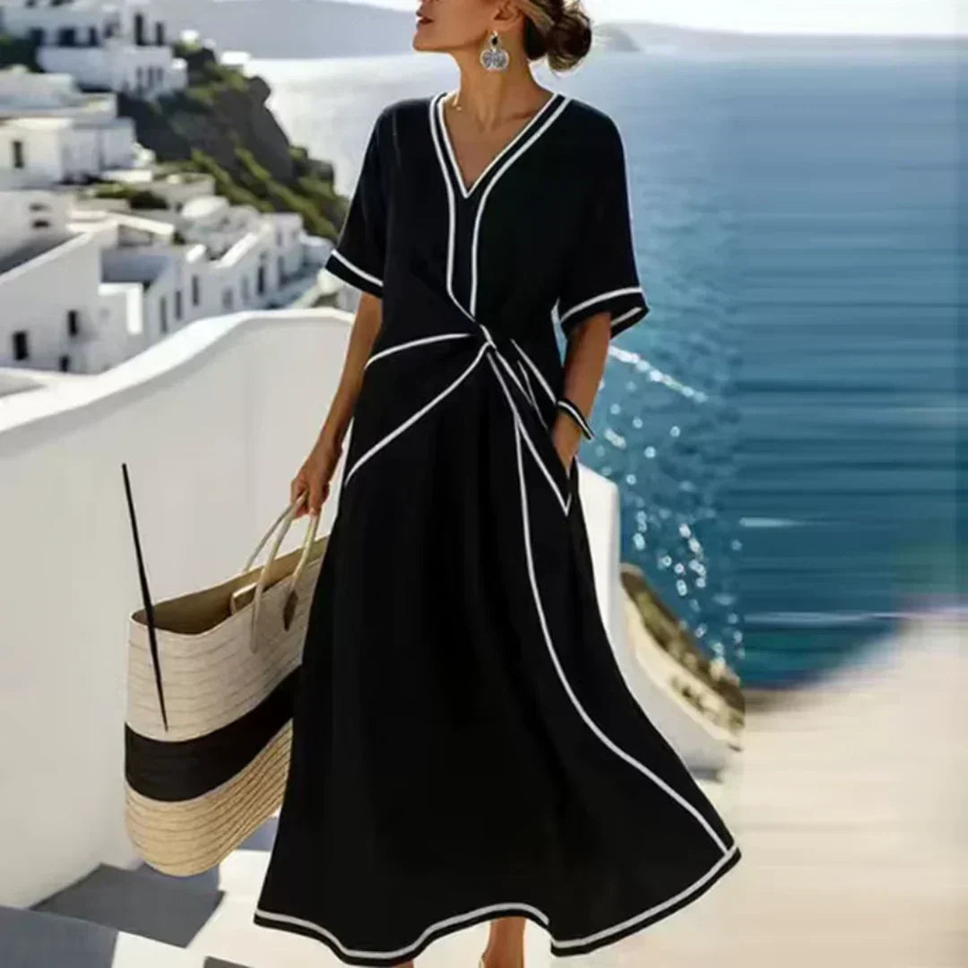 Contrast Trim V-Neck Short Sleeve Twist Front Midi Dress 5