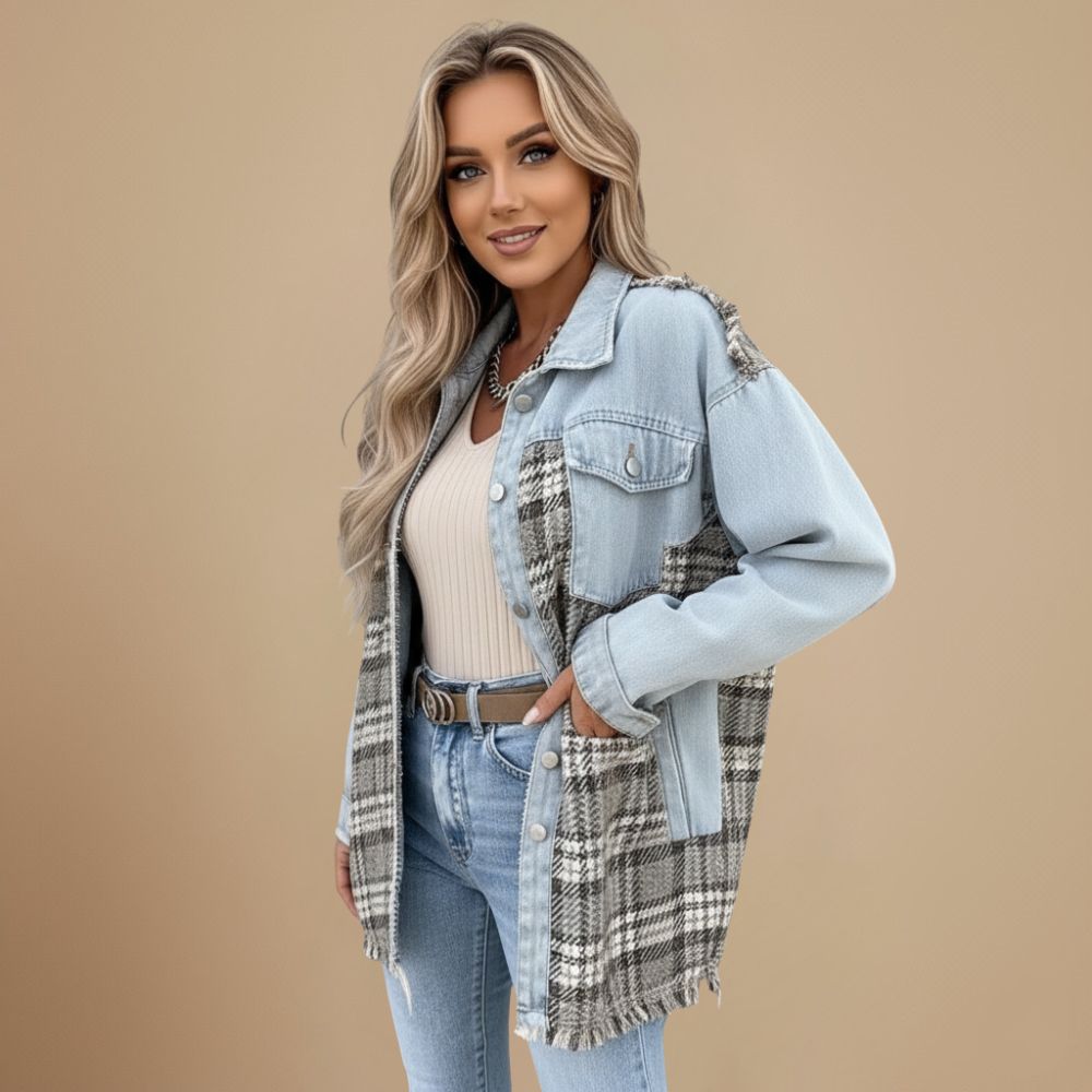 Plaid Patchwork Denim Button Front Shacket 15