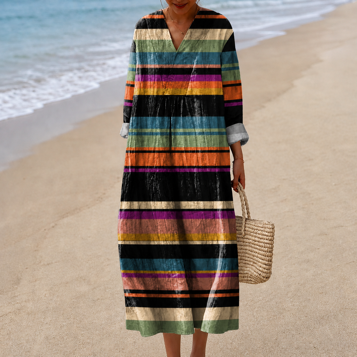 Horizontal Stripe V-Neck Long Sleeve Maxi Dress
