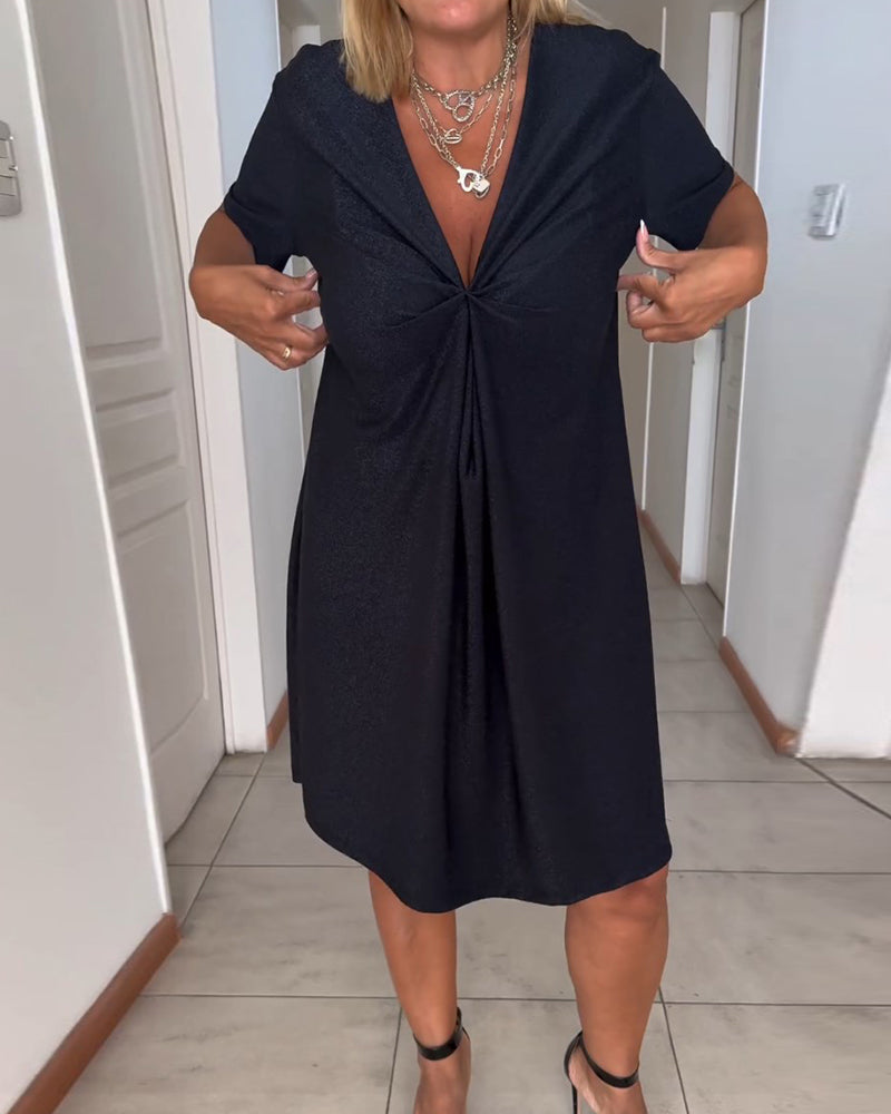 Deep V-Neck Twist Front Short Sleeve Knee Length Dress - View 6