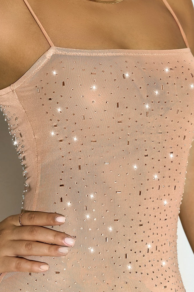 Sheer Mesh Rhinestone Spaghetti Strap Bodycon Dress - View 4
