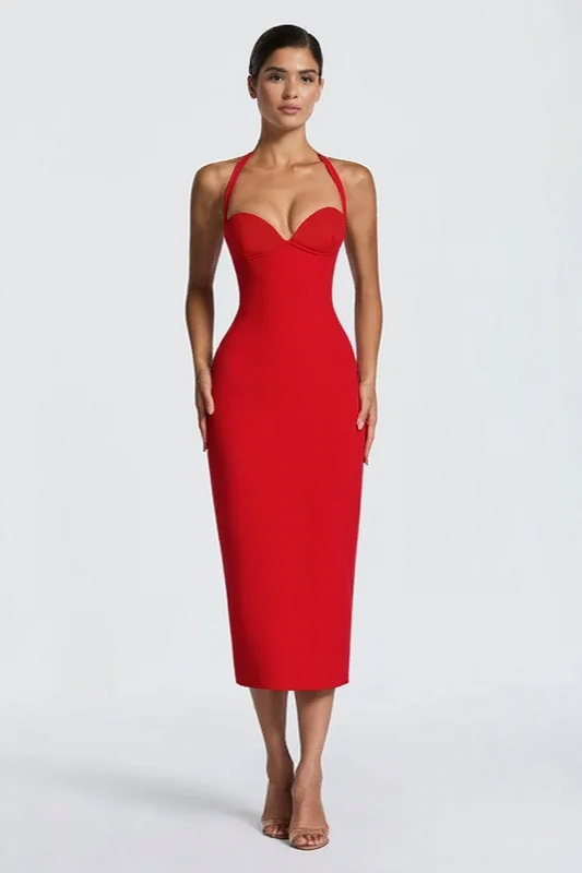 Halter Sweetheart Bustier Bodycon Midi Party Dress
