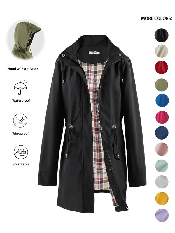 Hooded Drawstring Waist Waterproof Rain Trench Coat