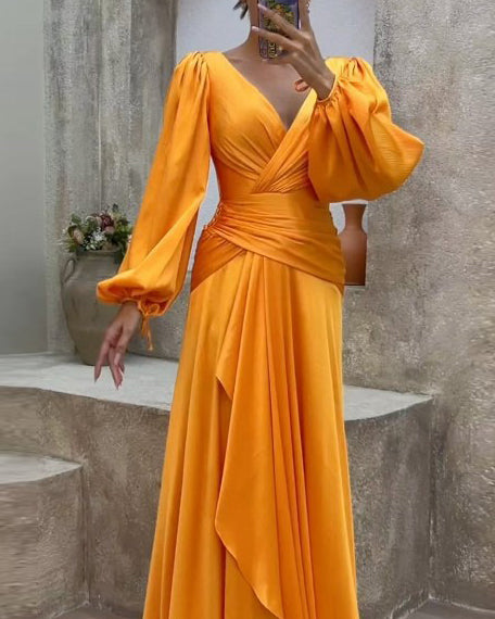 Deep V-Neck Bishop Sleeve Ruched Drape Panel Wrap Maxi Gown