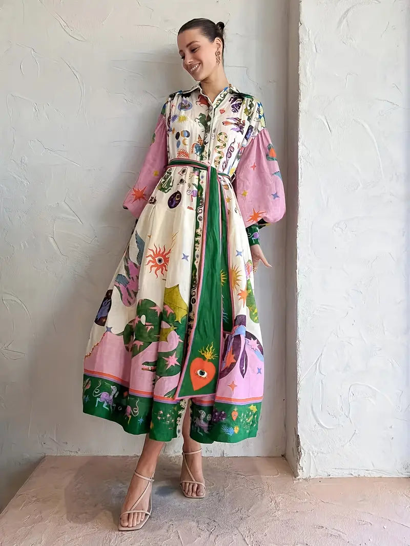 Collar Button Front Balloon Sleeve Tie Waist Printed Maxi Summer Dress - View 2