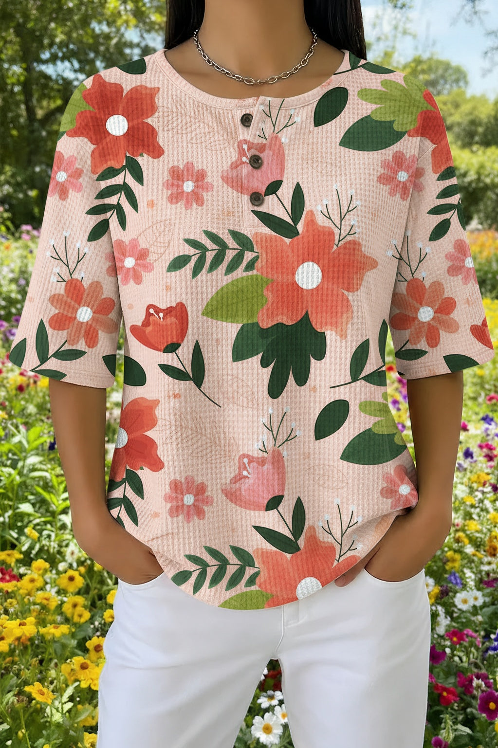 Bold Floral Waffle Knit Half Sleeve Henley Top