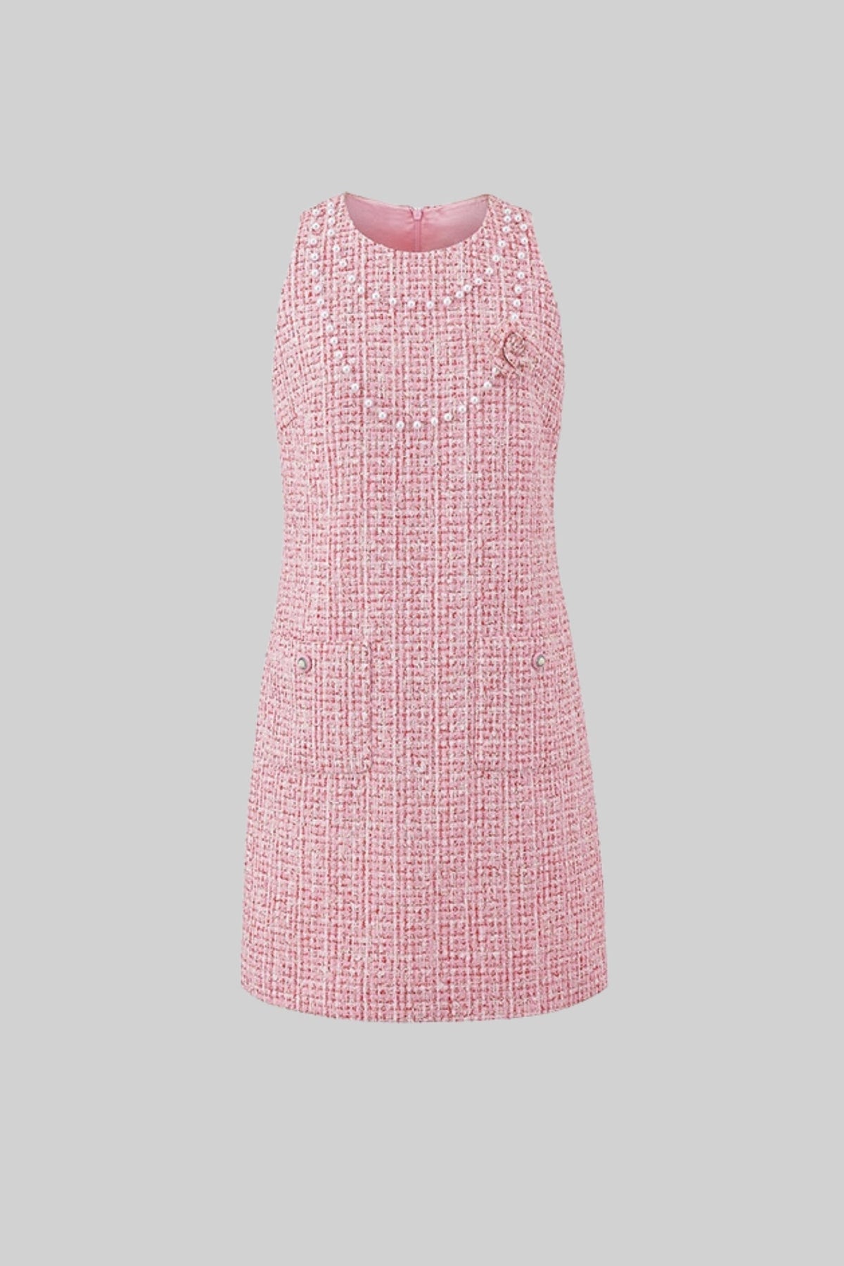 Tweed Sleeveless Mini Dress Pearl Neckline Rosette Pearl Button Pocket