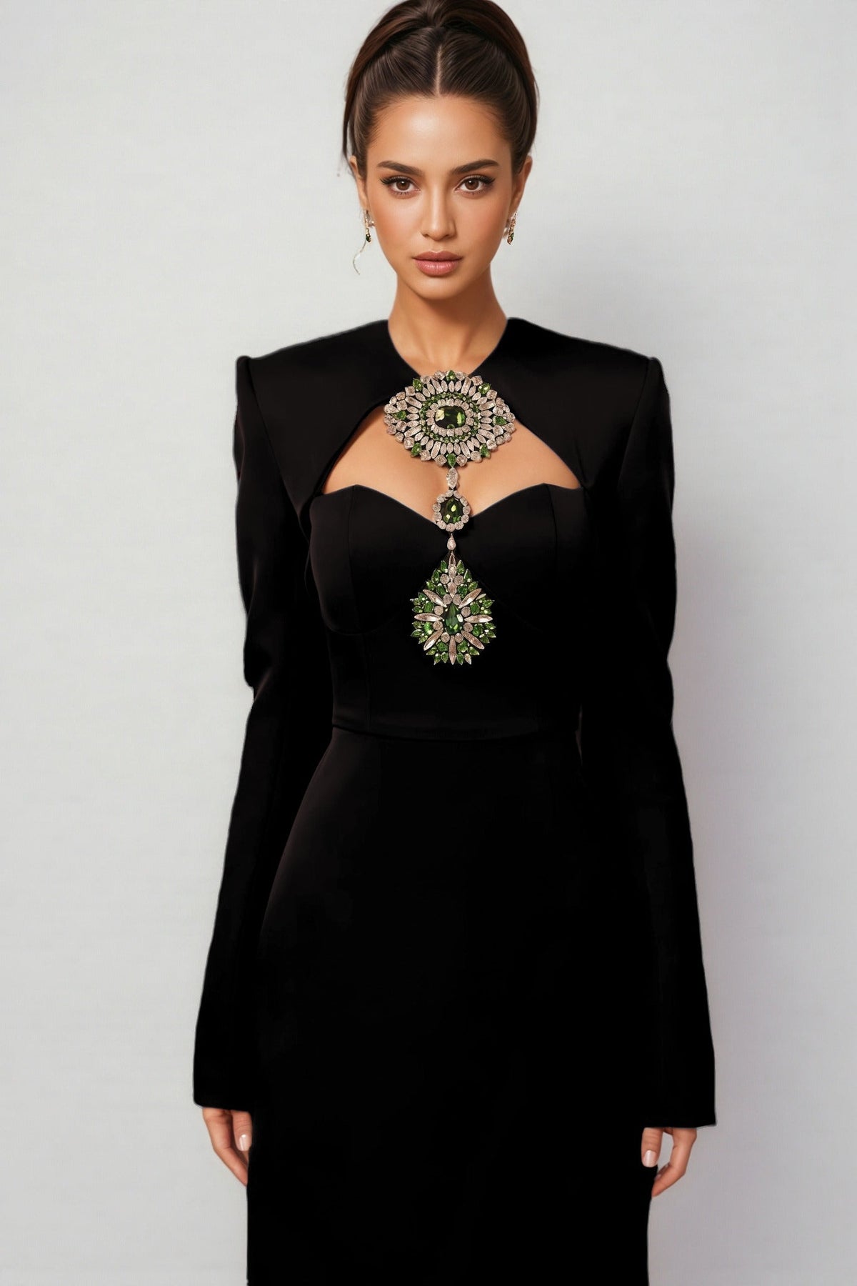 Crystal Brooch Chest Cut Out Long Sleeve Column Maxi Gown - View 2