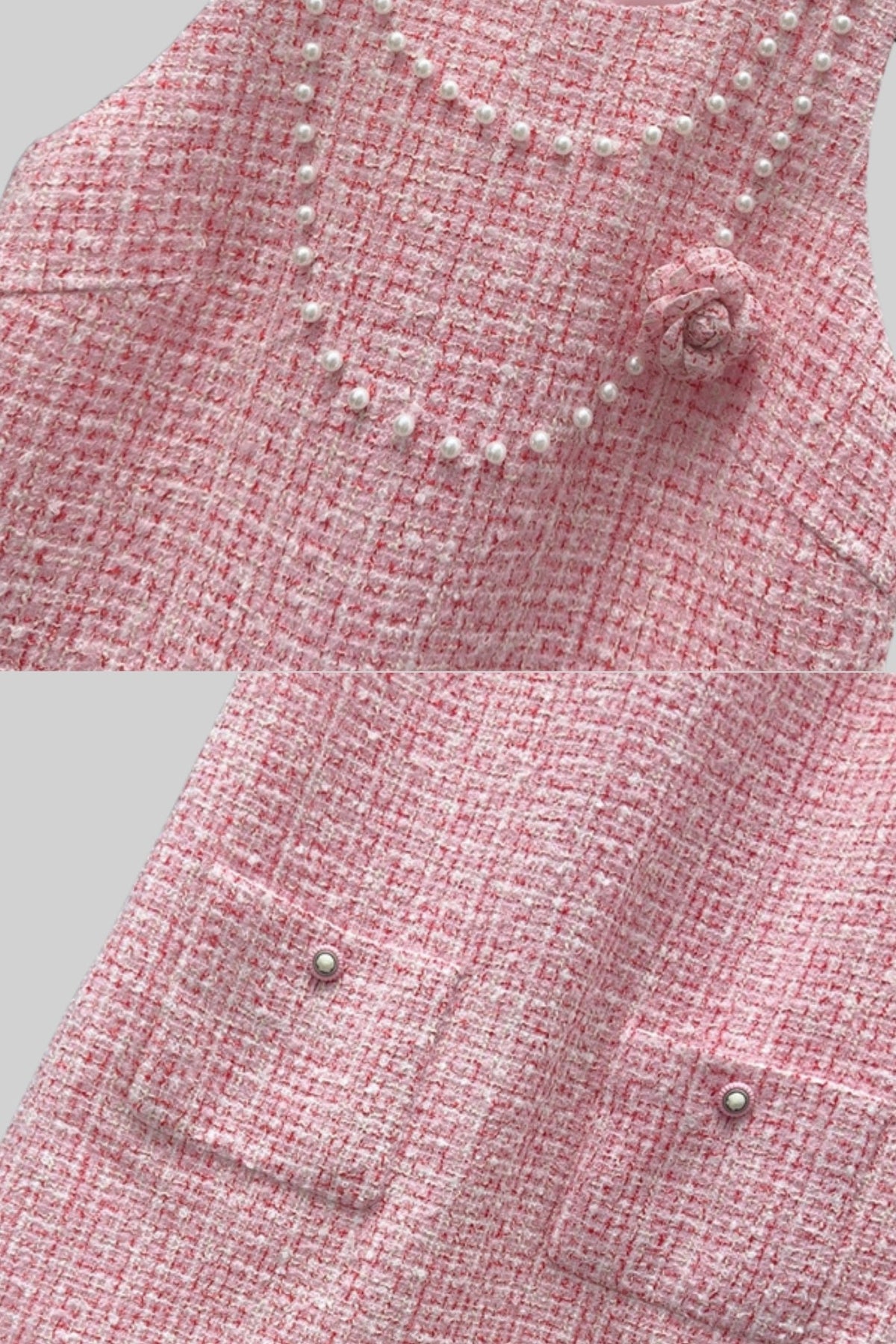 Tweed Sleeveless Mini Dress Pearl Neckline Rosette Pearl Button Pocket - View 2