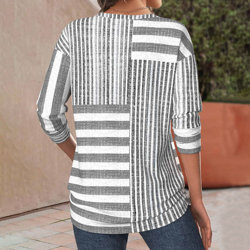 Striped Colorblock Patchwork Crew Neck Long Sleeve Top 2