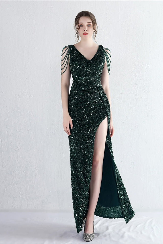 Sequin V-Neck Beaded Fringe High Split Mermaid Gown - View 25